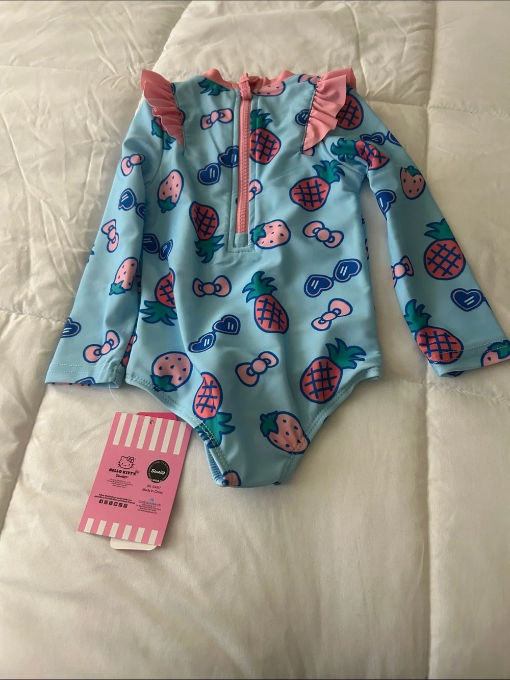 Girls Light Blue Pineapple & Strawberry Ruffle Long Sleeve Swimsuit Hello Kitty